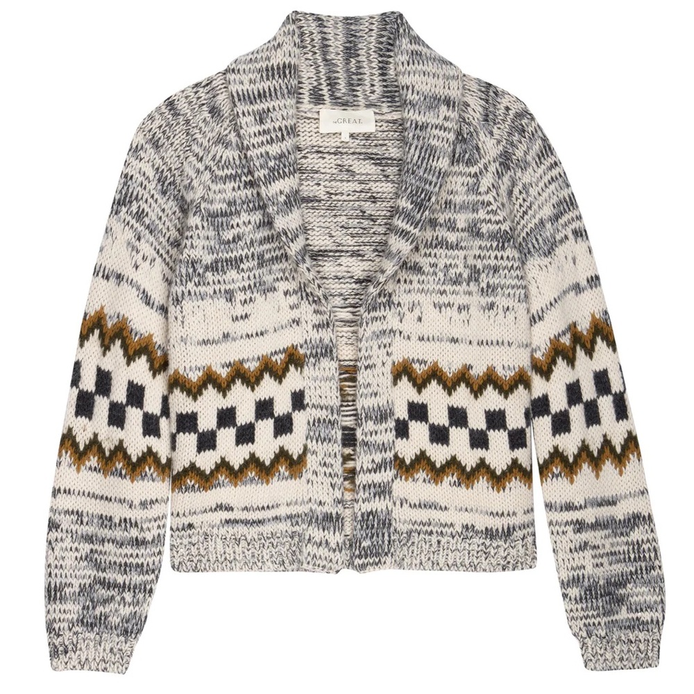 THE GREAT. Geo Check Lodge Sweater Open Cardigan Marled Grey
